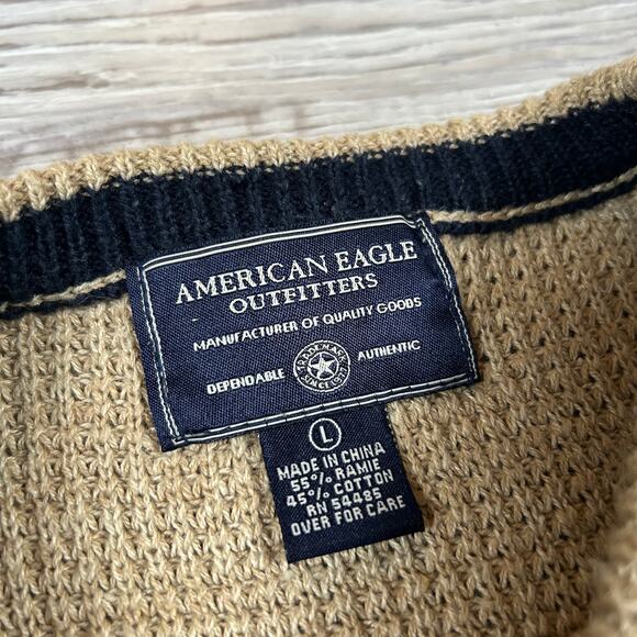 Vintage American Eagle Sweater Tan Ramie Knit Stripe Crewneck 90s L - Picture 5 of 7